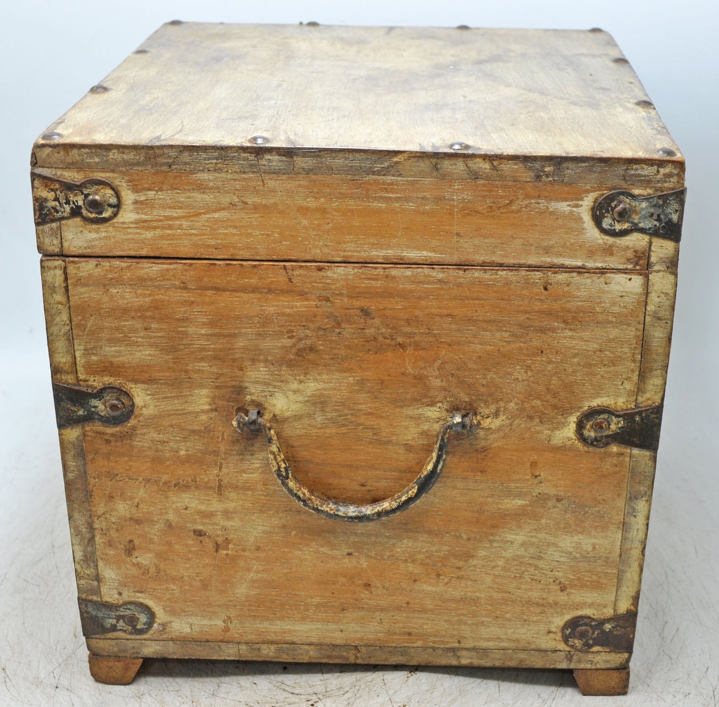 Vintage Wooden Square Storage Chest Box Original Old Hand Crafted Metal Fitted
