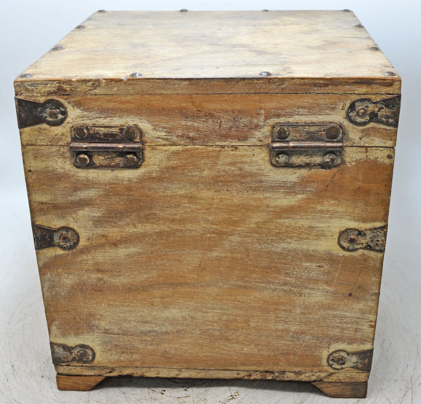 Vintage Wooden Square Storage Chest Box Original Old Hand Crafted Metal Fitted