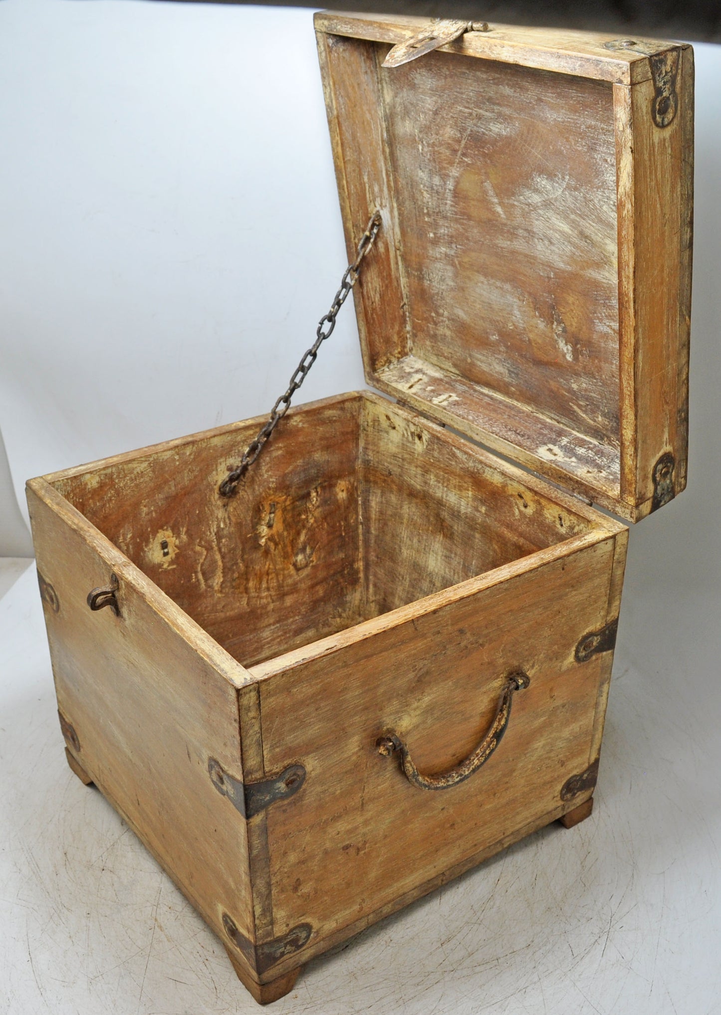 Vintage Wooden Square Storage Chest Box Original Old Hand Crafted Metal Fitted