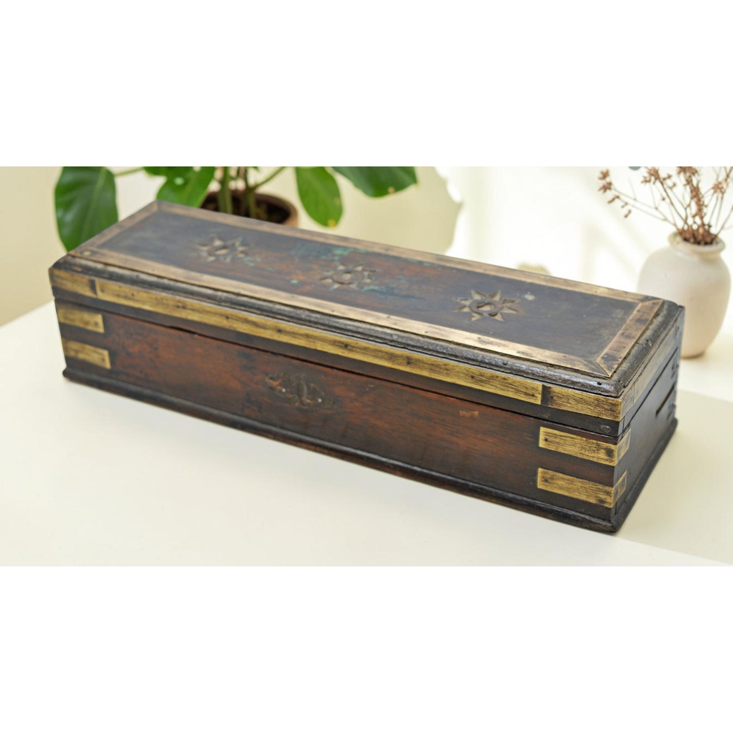 Antique Wooden Fine Pencil Stationary Box Original Old Hand Crafted Brass Fitted