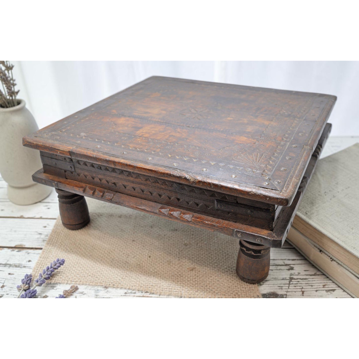 Antique Wooden Square Floor Sitting Bajot Low Stool Original Old Hand Carved