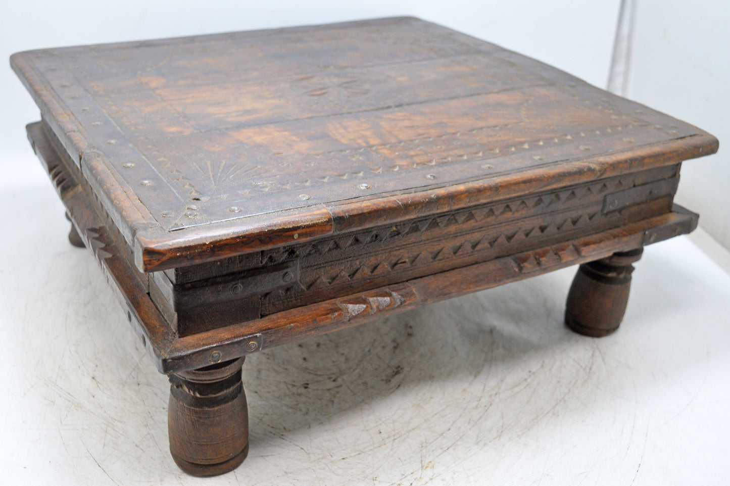 Antique Wooden Square Floor Sitting Bajot Low Stool Original Old Hand Carved