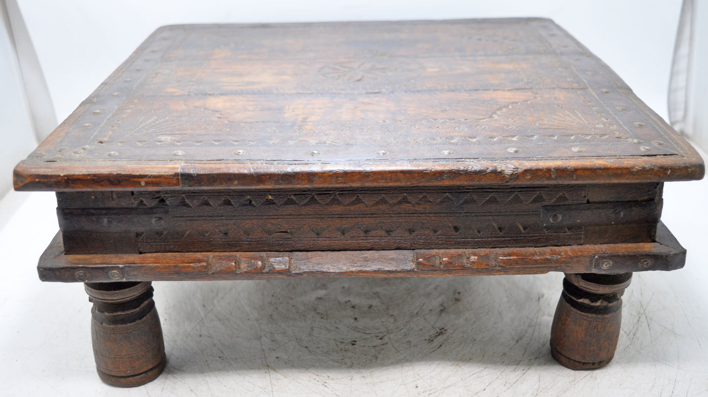 Antique Wooden Square Floor Sitting Bajot Low Stool Original Old Hand Carved