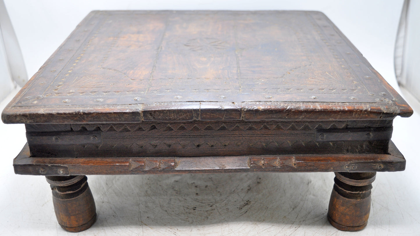 Antique Wooden Square Floor Sitting Bajot Low Stool Original Old Hand Carved
