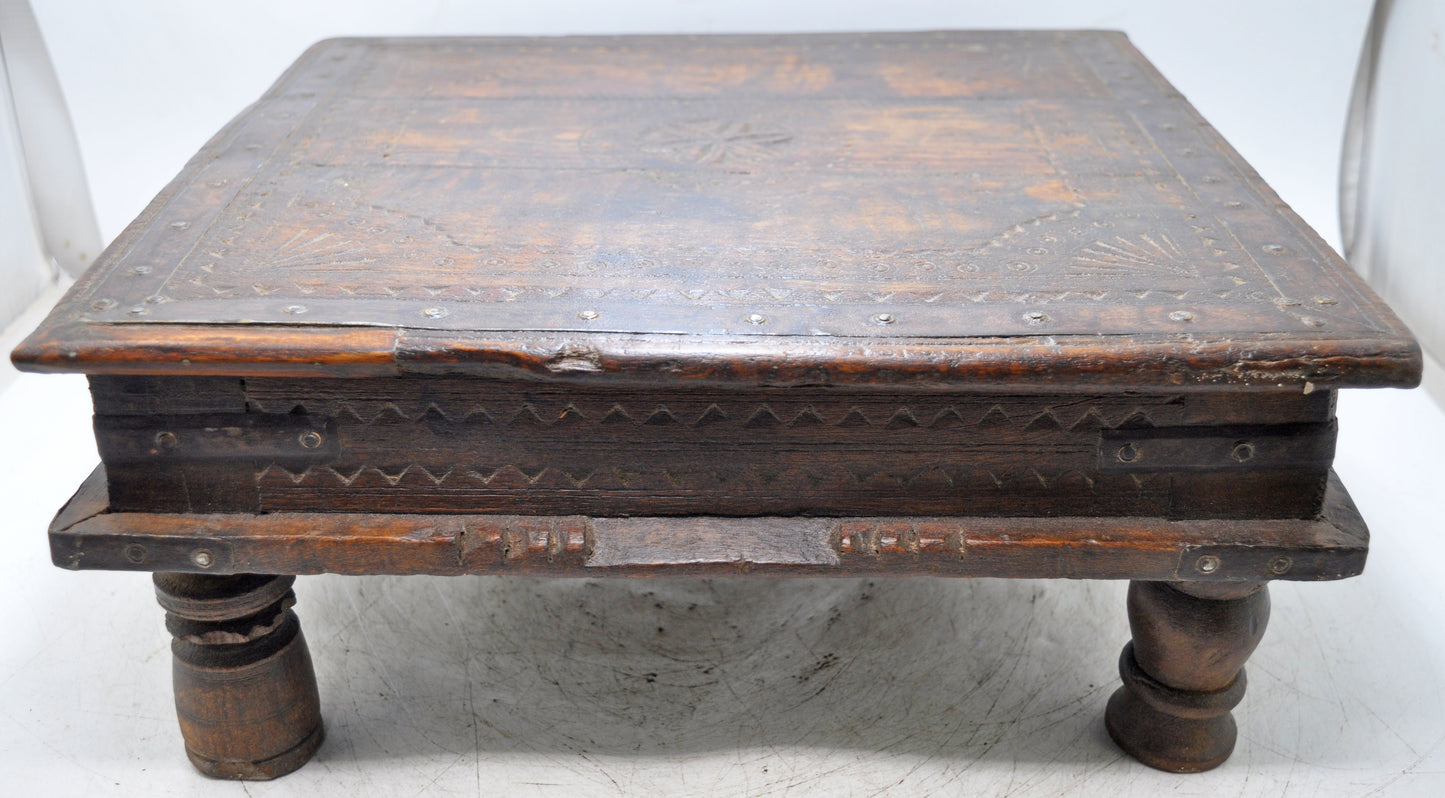 Antique Wooden Square Floor Sitting Bajot Low Stool Original Old Hand Carved