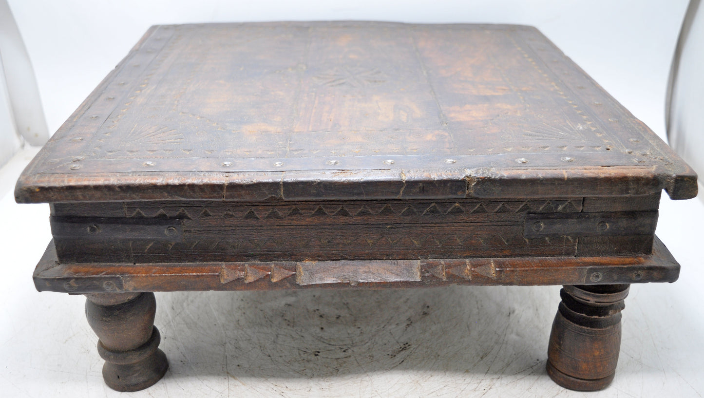 Antique Wooden Square Floor Sitting Bajot Low Stool Original Old Hand Carved