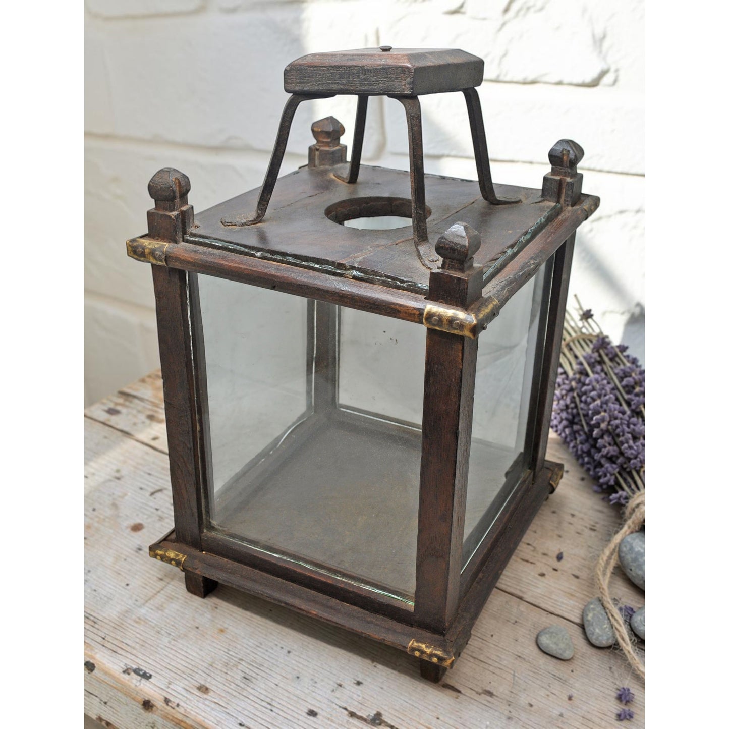 Antique Wooden Glass Large Lamp Lantern Original Old Fine Hand Crafted