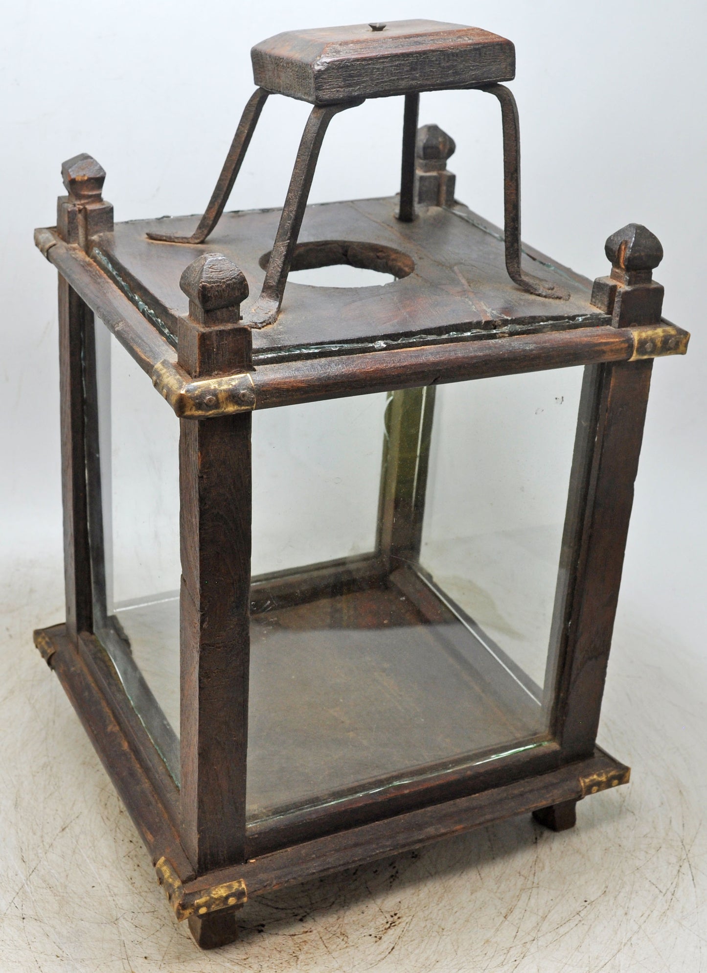 Antique Wooden Glass Large Lamp Lantern Original Old Fine Hand Crafted