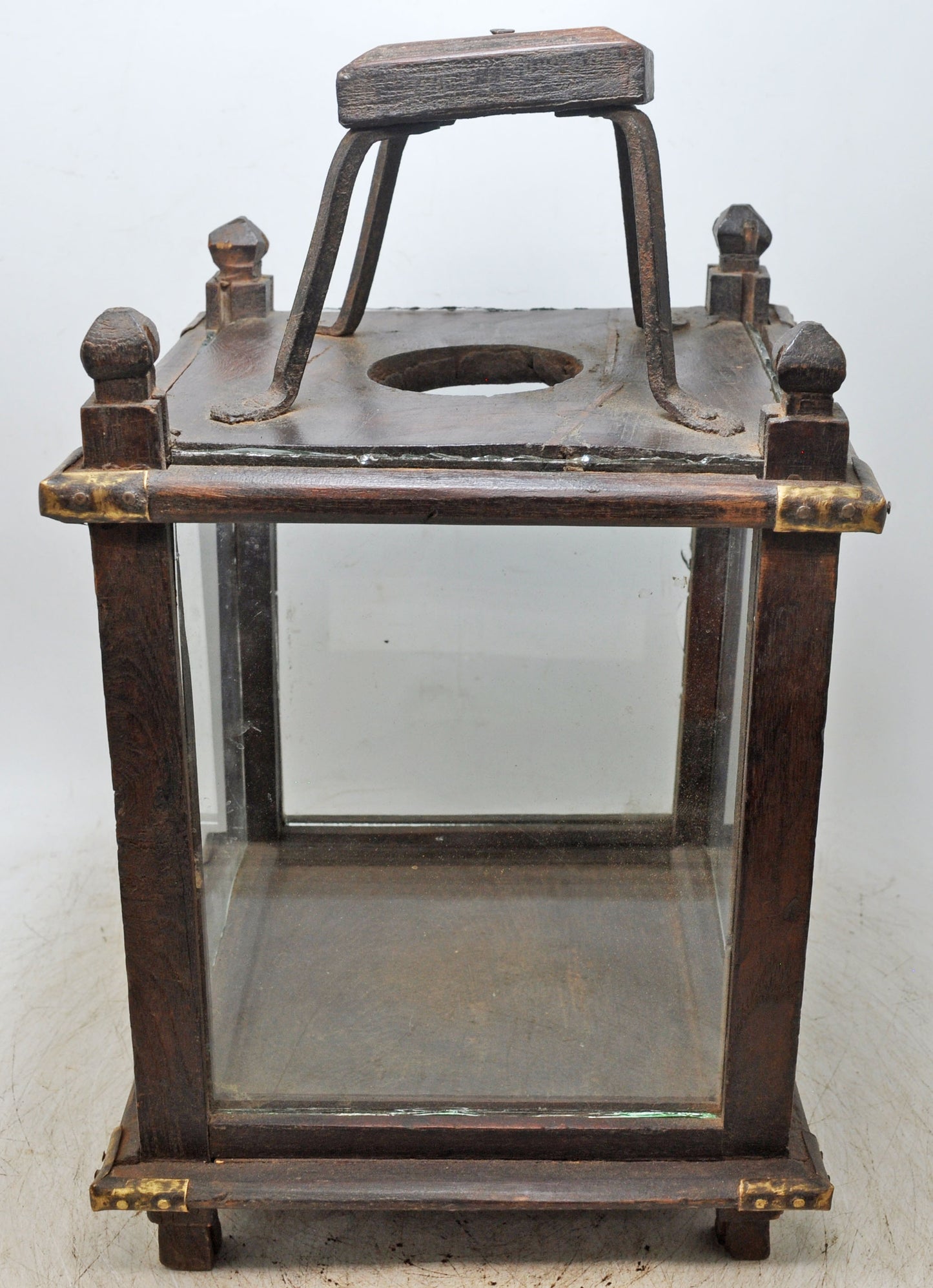 Antique Wooden Glass Large Lamp Lantern Original Old Fine Hand Crafted