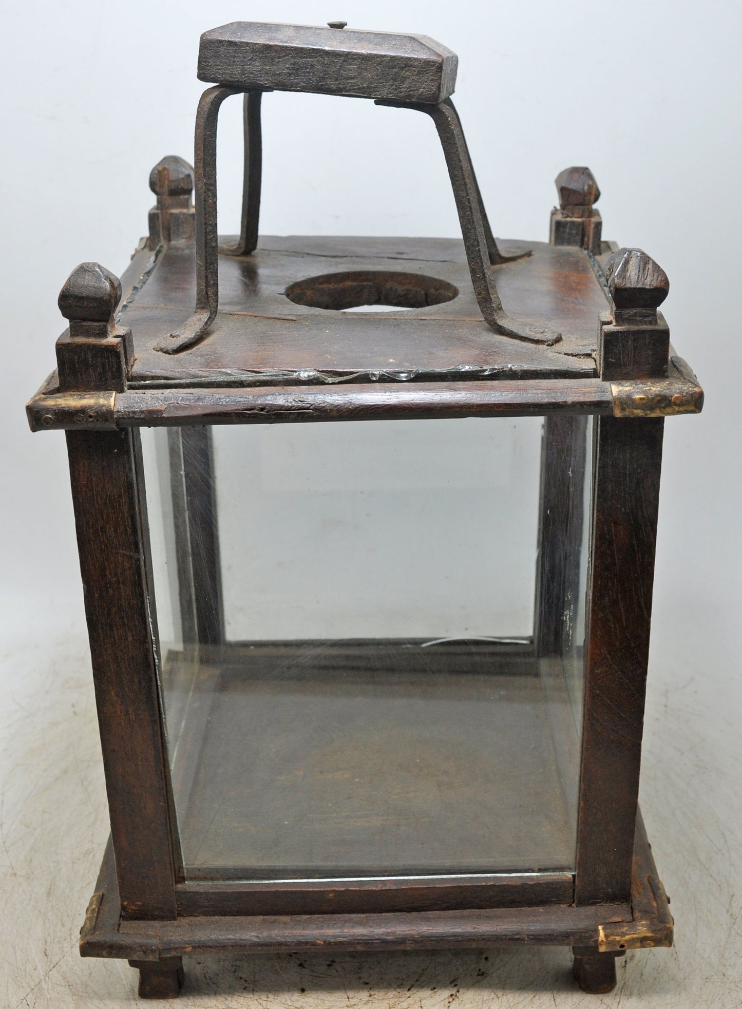 Antique Wooden Glass Large Lamp Lantern Original Old Fine Hand Crafted