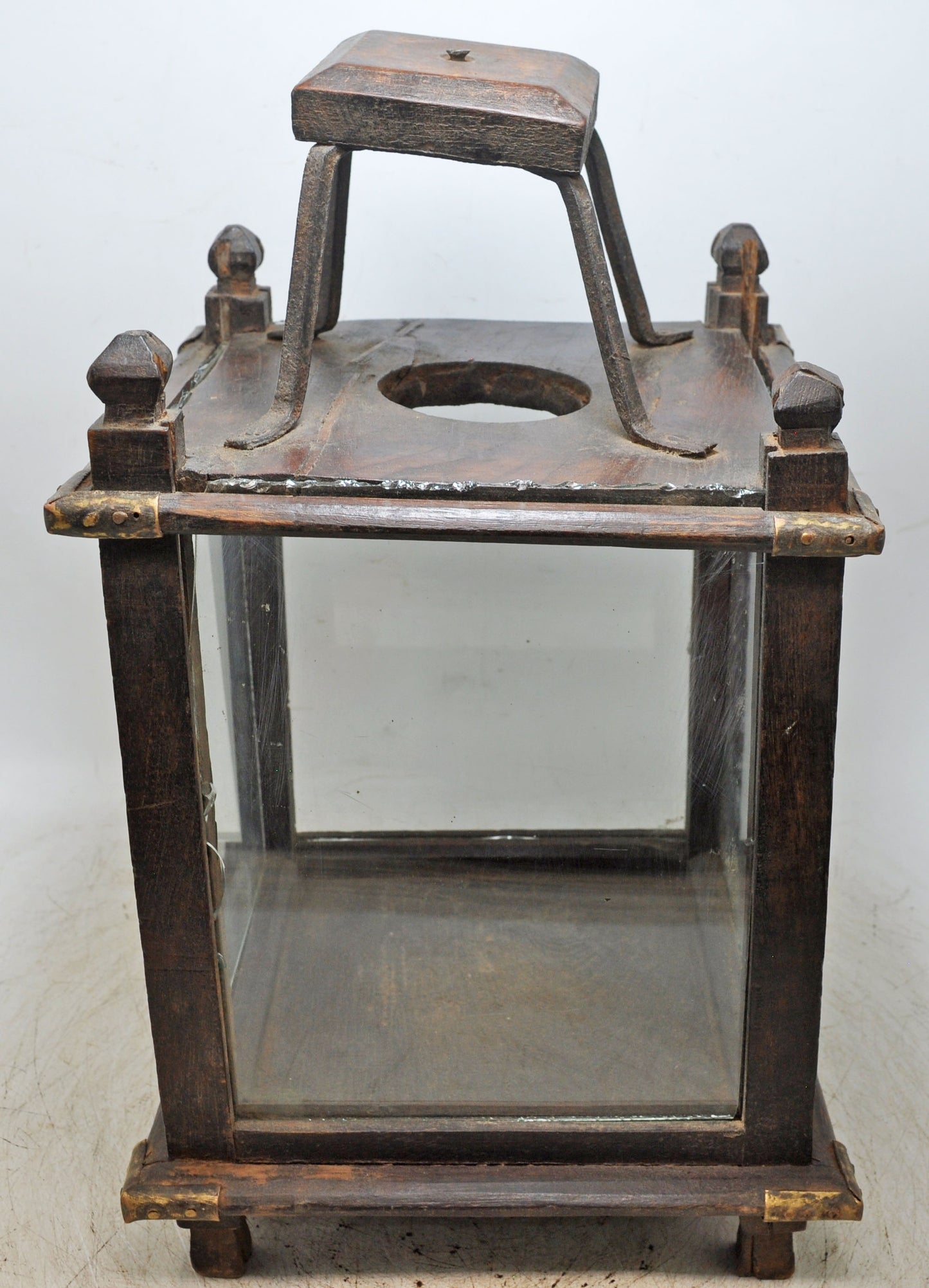 Antique Wooden Glass Large Lamp Lantern Original Old Fine Hand Crafted