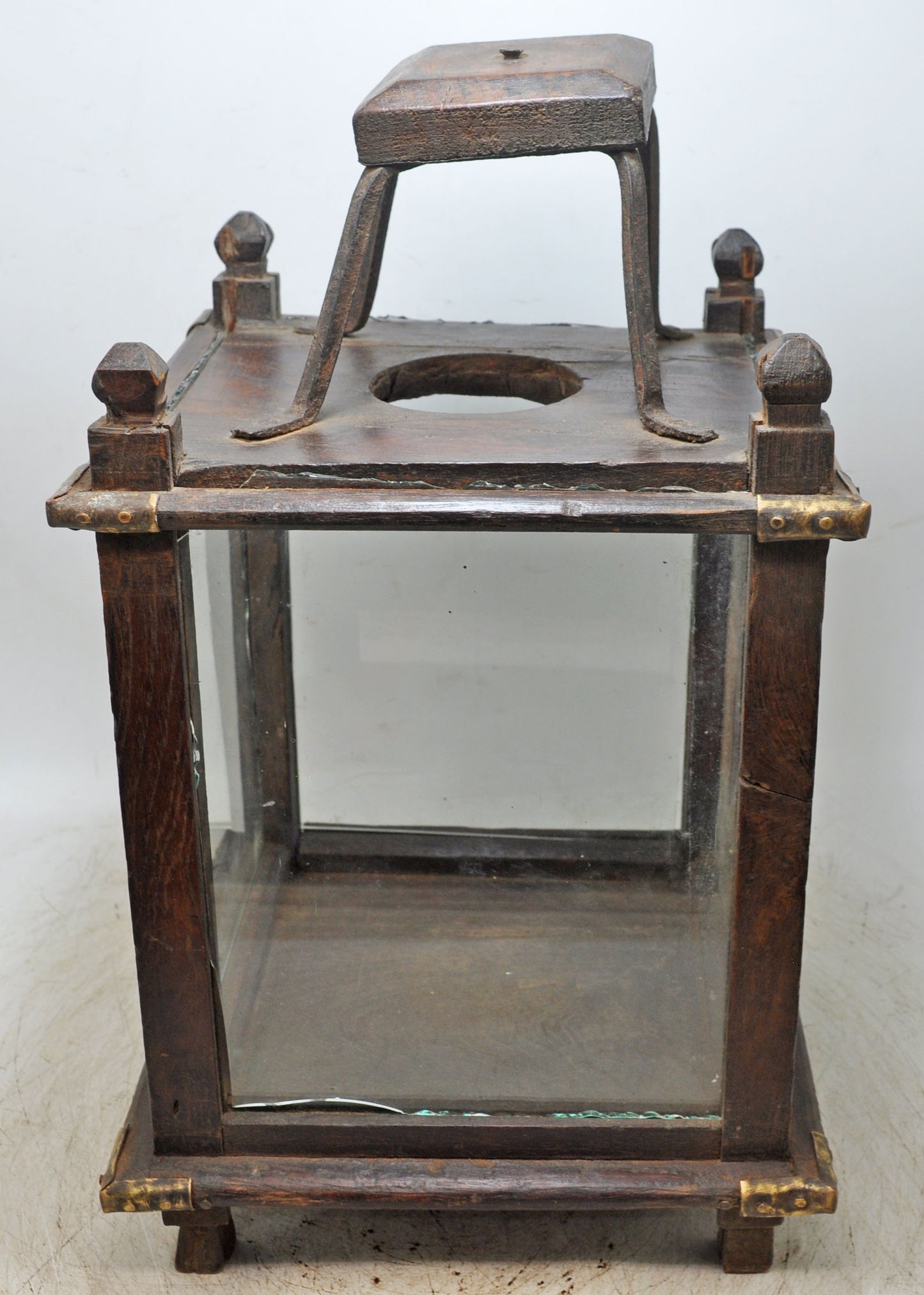 Antique Wooden Glass Large Lamp Lantern Original Old Fine Hand Crafted