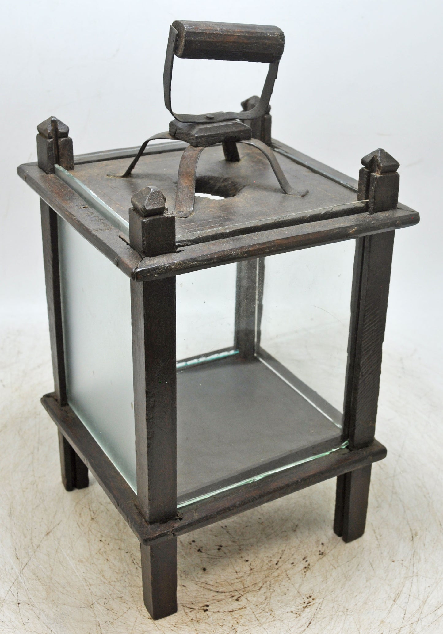 Antique Wooden Glass Large Lamp Lantern Original Old Fine Hand Crafted