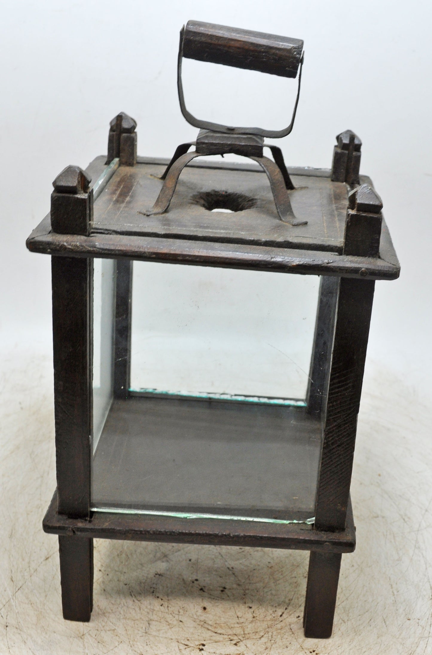 Antique Wooden Glass Large Lamp Lantern Original Old Fine Hand Crafted