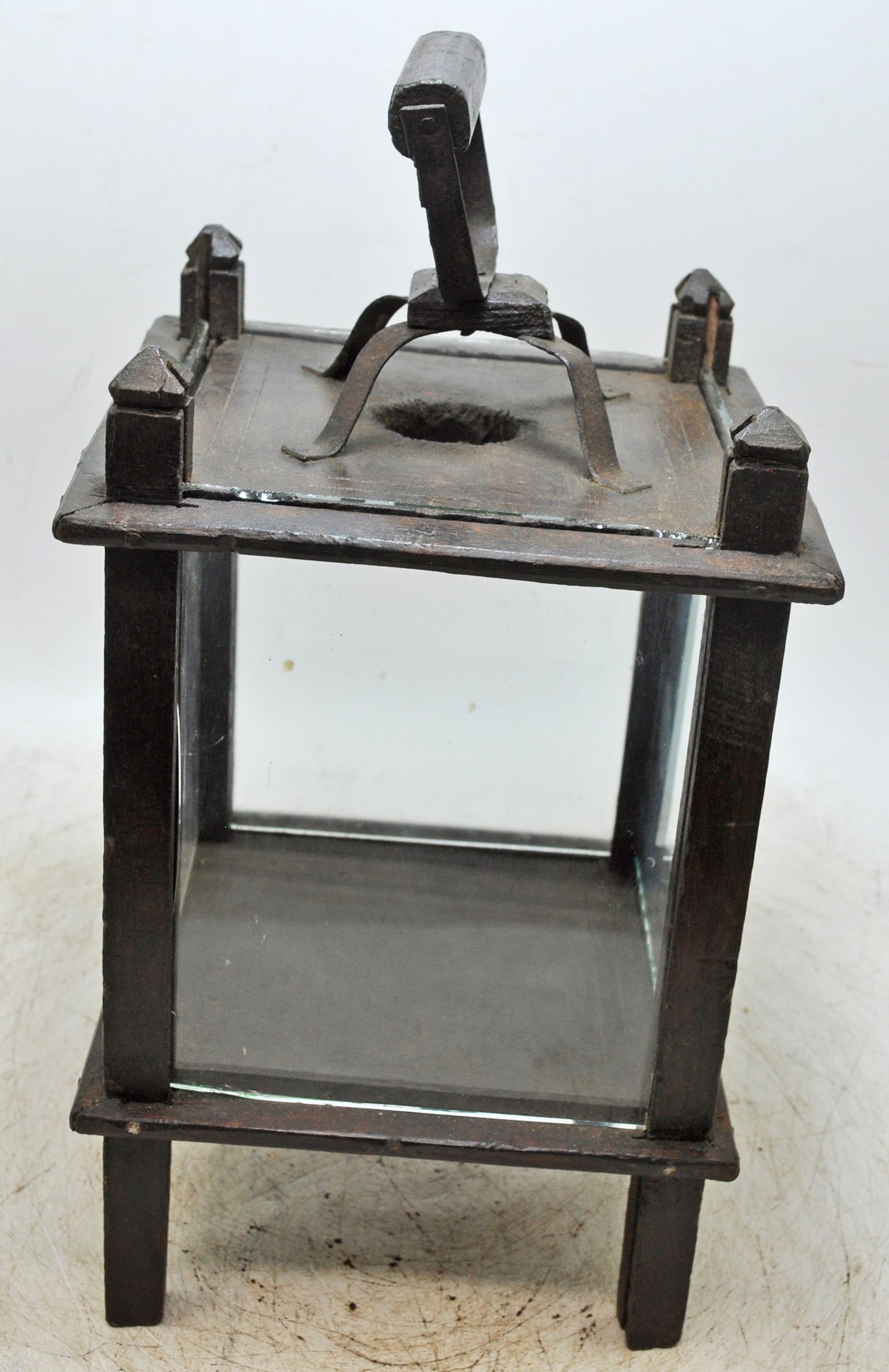 Antique Wooden Glass Large Lamp Lantern Original Old Fine Hand Crafted