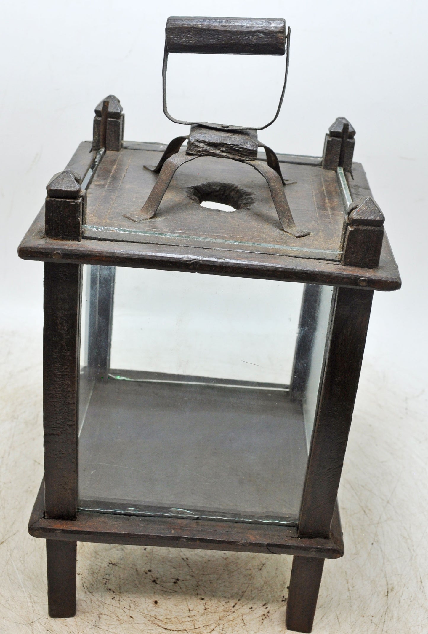 Antique Wooden Glass Large Lamp Lantern Original Old Fine Hand Crafted