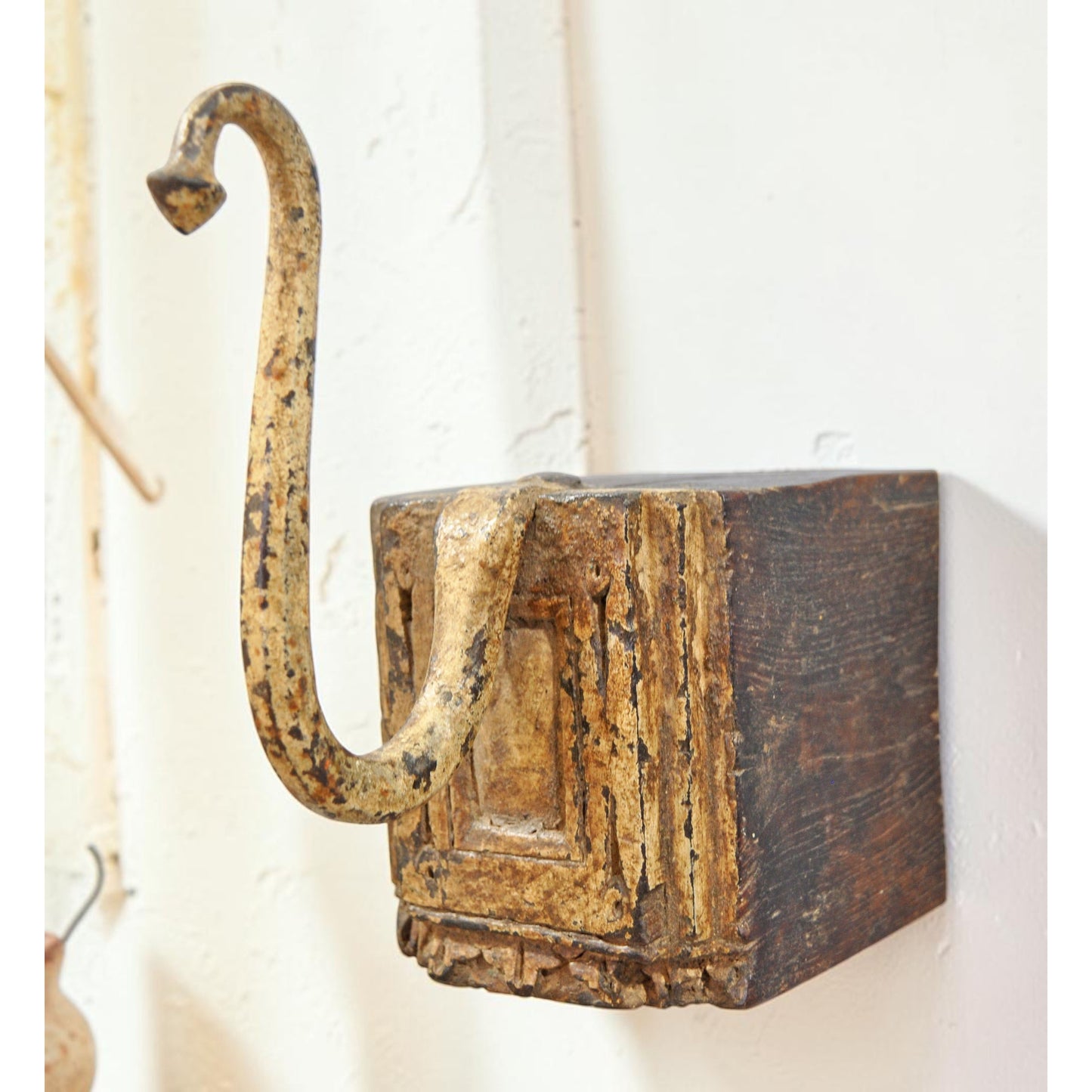 Antique Wooden Wall Hanging Hook Hanger Original Old Hand Crafted Polychrome