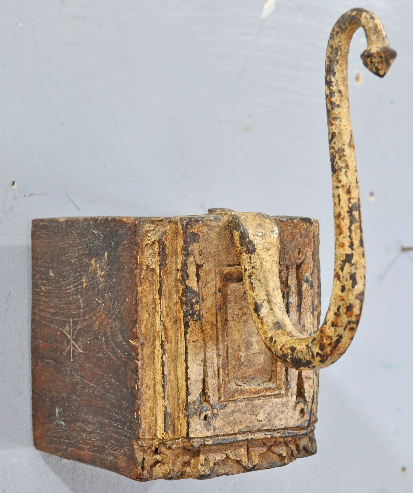 Antique Wooden Wall Hanging Hook Hanger Original Old Hand Crafted Polychrome