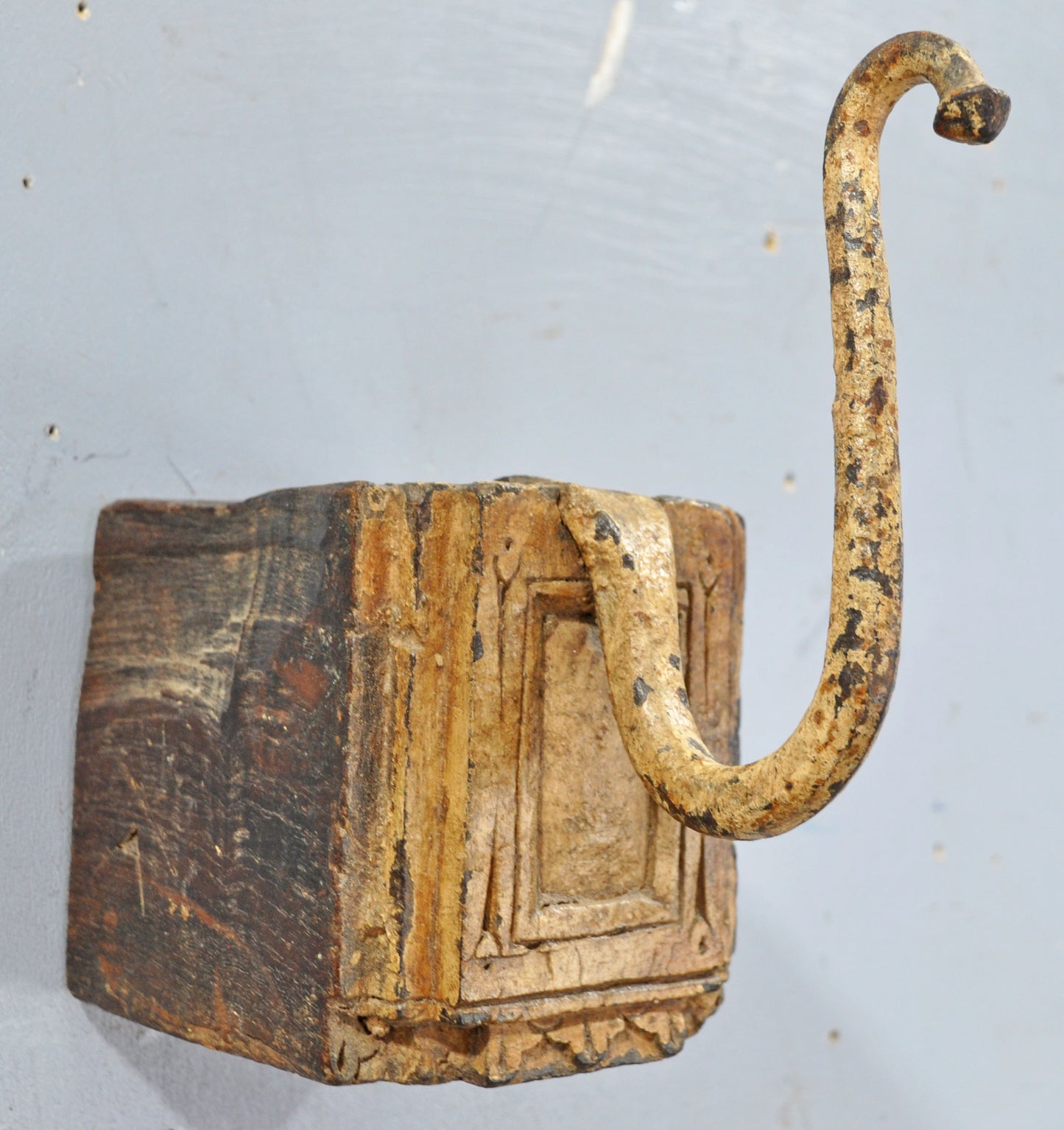 Antique Wooden Wall Hanging Hook Hanger Original Old Hand Crafted Polychrome