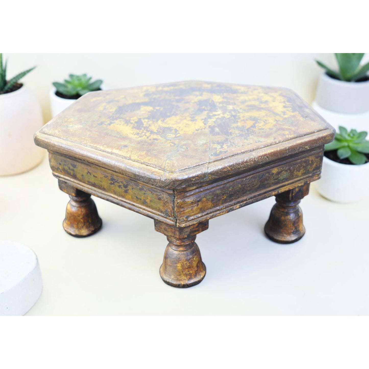 Antique Wooden Large Hexagonal Floor Sitting Bajot Lot Stool Original Old Polychrome Rustic