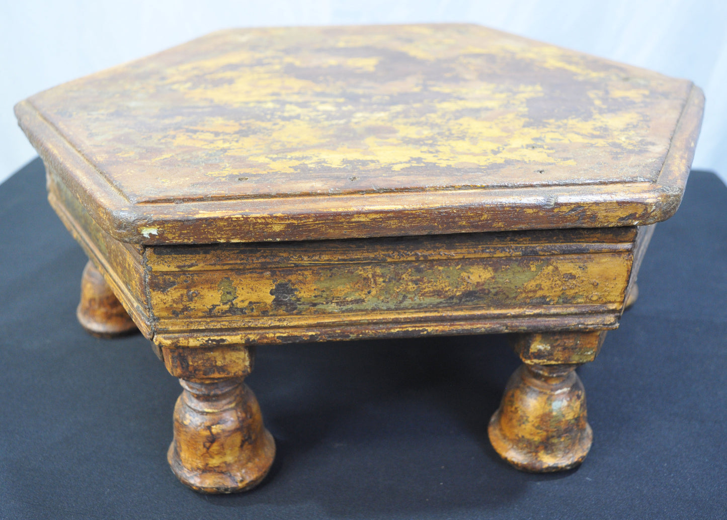 Antique Wooden Large Hexagonal Floor Sitting Bajot Lot Stool Original Old Polychrome Rustic