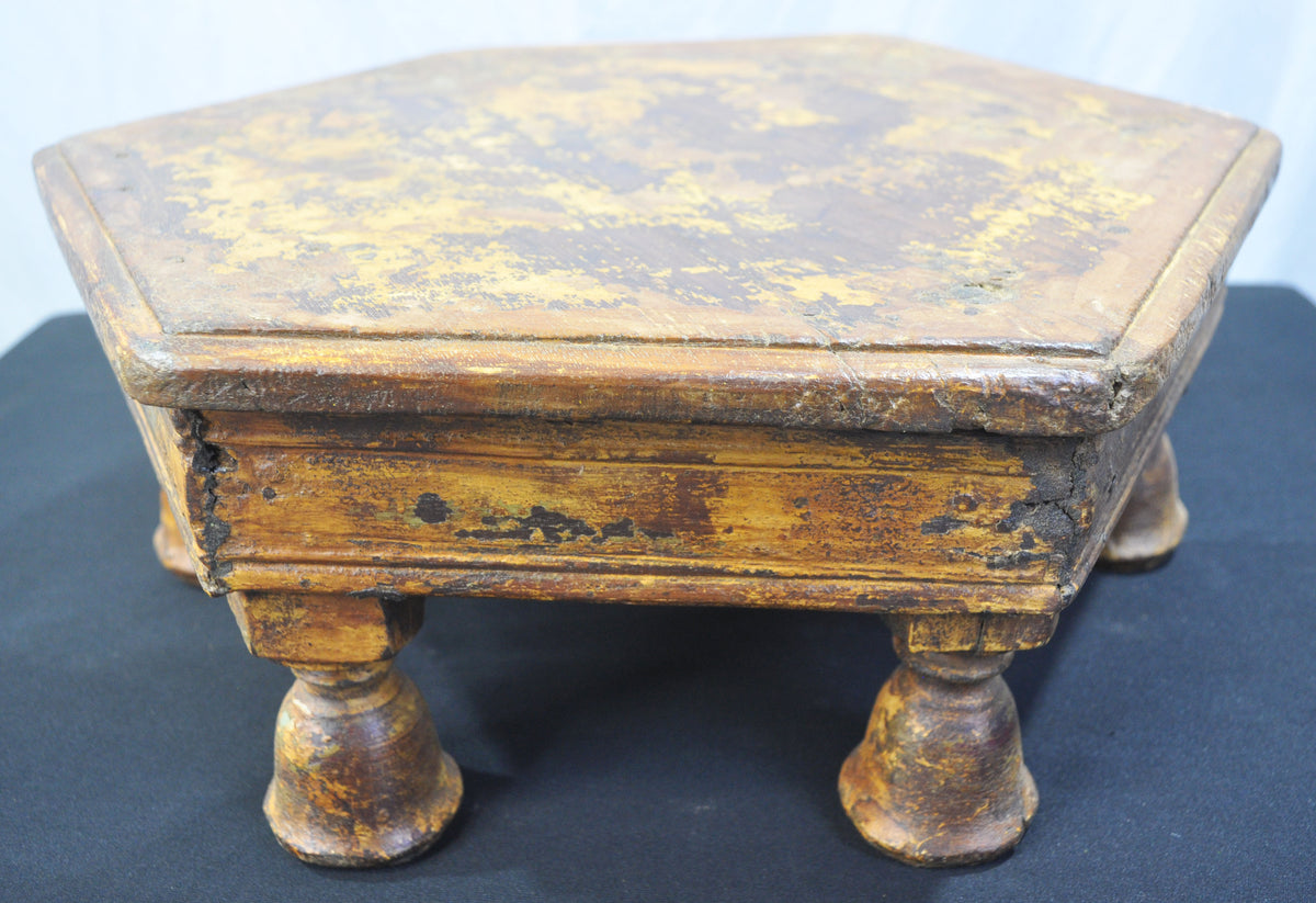 Antique Wooden Large Hexagonal Floor Sitting Bajot Lot Stool Original Old Polychrome Rustic