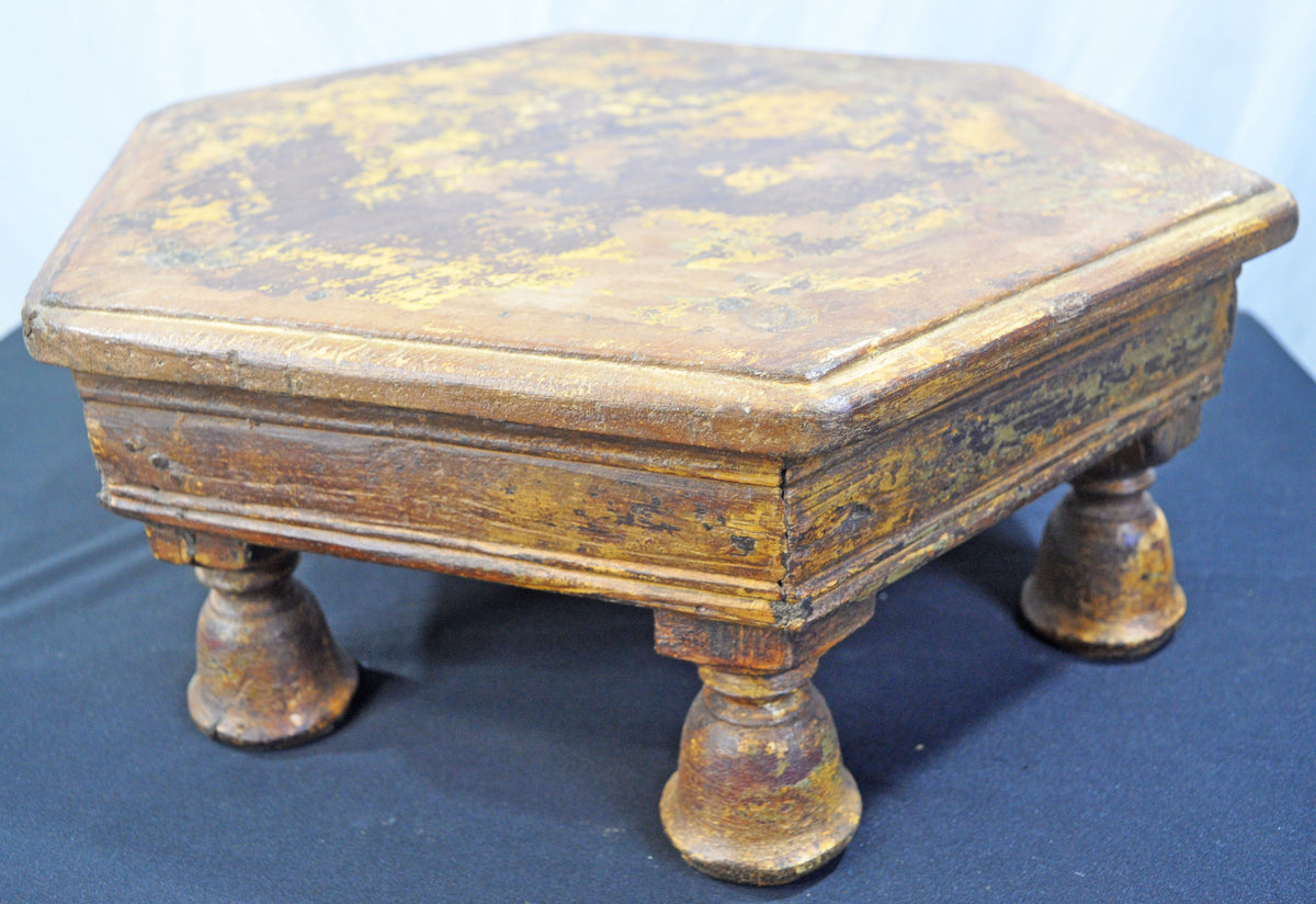 Antique Wooden Large Hexagonal Floor Sitting Bajot Lot Stool Original Old Polychrome Rustic