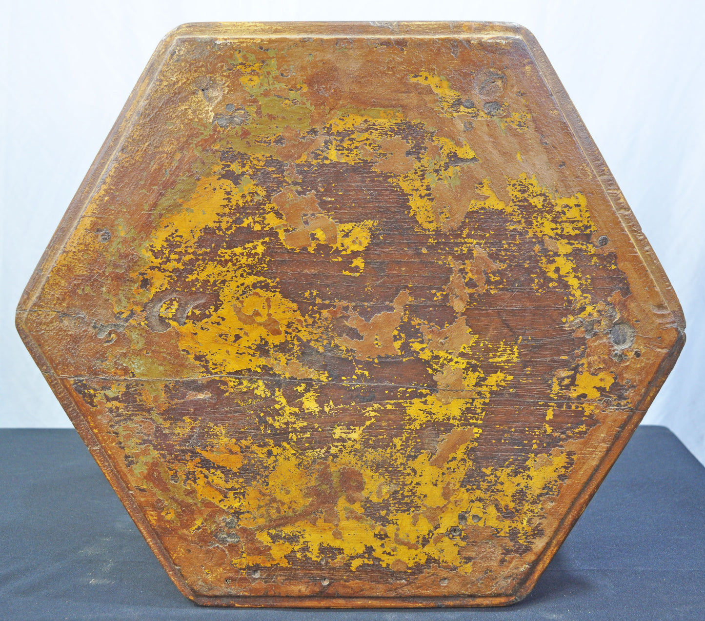Antique Wooden Large Hexagonal Floor Sitting Bajot Lot Stool Original Old Polychrome Rustic