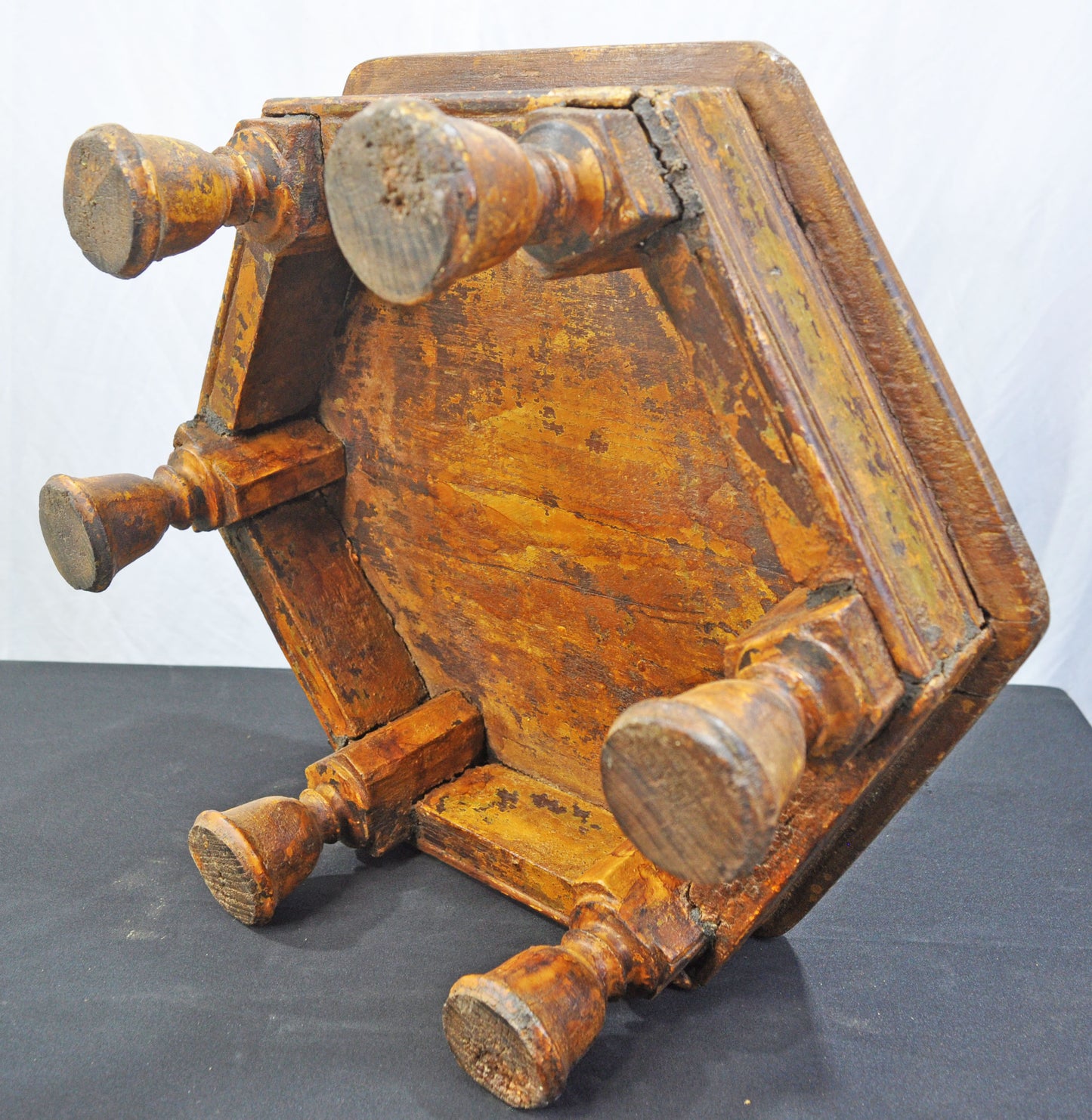Antique Wooden Large Hexagonal Floor Sitting Bajot Lot Stool Original Old Polychrome Rustic