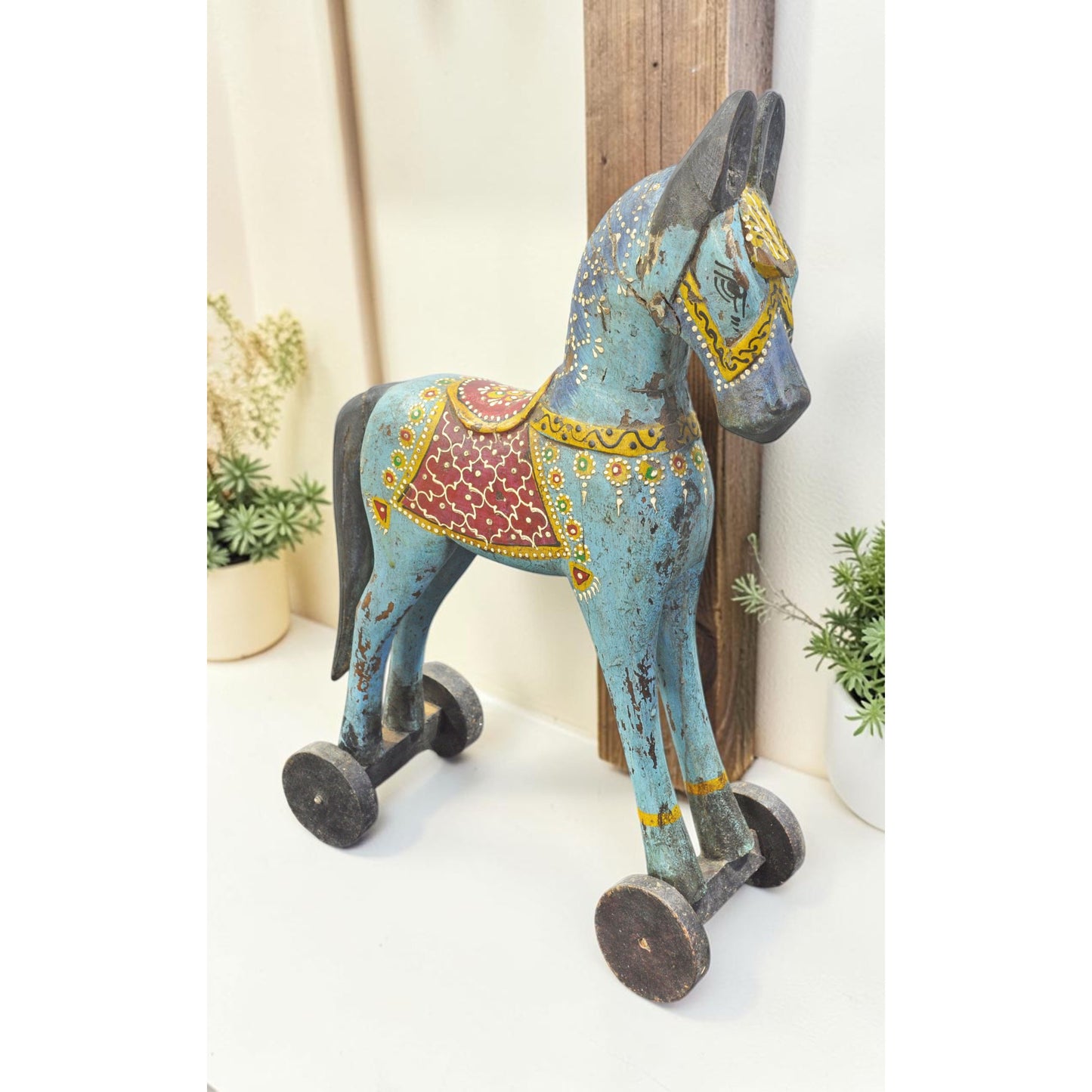 Vintage Wooden Large Horse on Wheels Figurine Original Old Fine Hand Carved Rustic Painted