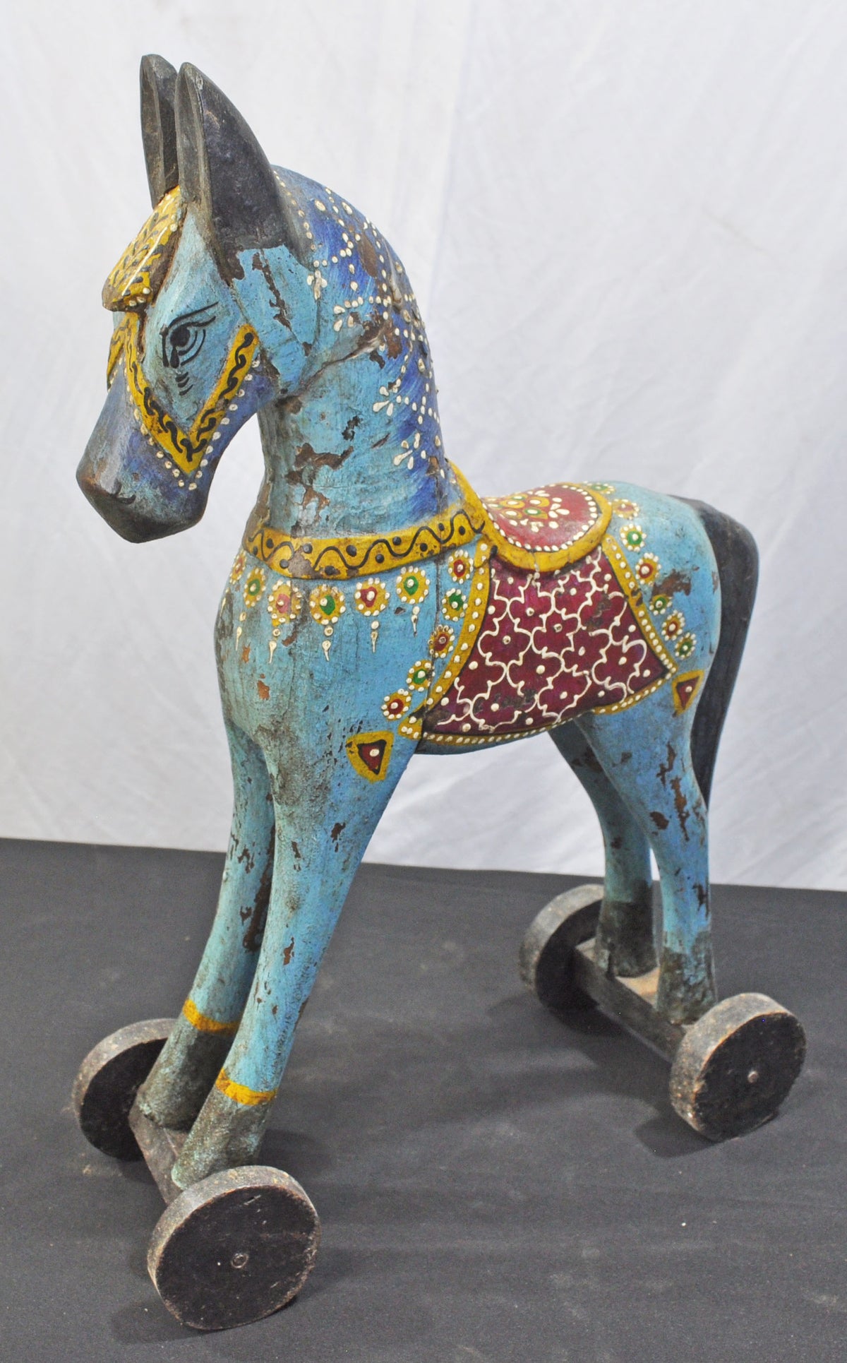 Vintage Wooden Large Horse on Wheels Figurine Original Old Fine Hand Carved Rustic Painted