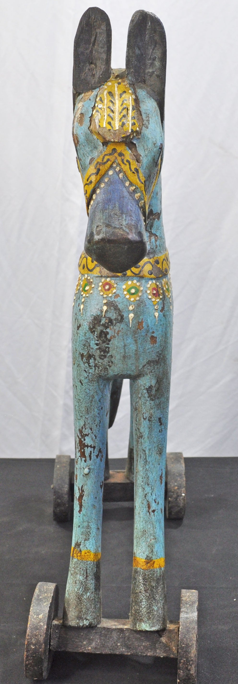 Vintage Wooden Large Horse on Wheels Figurine Original Old Fine Hand Carved Rustic Painted