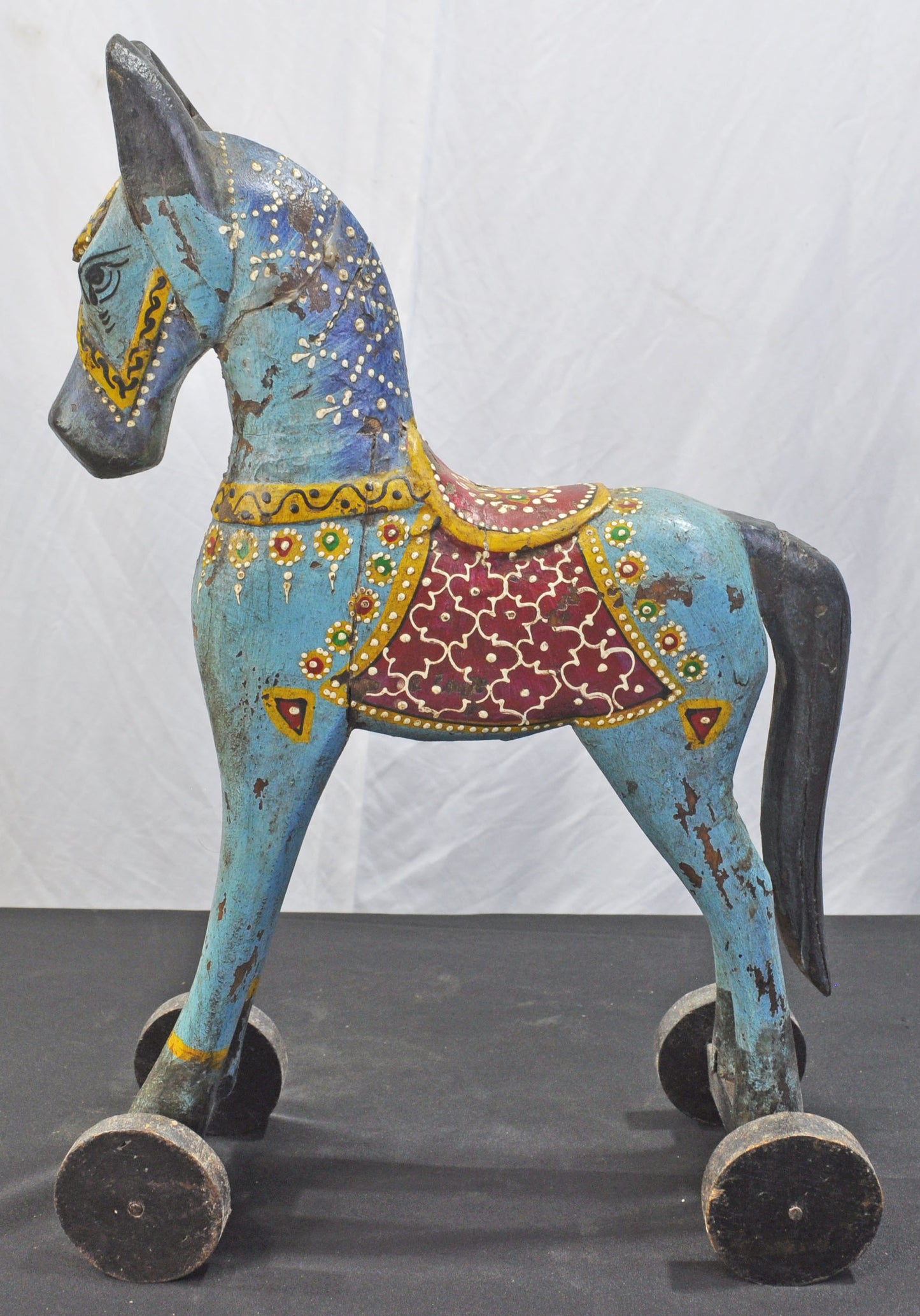 Vintage Wooden Large Horse on Wheels Figurine Original Old Fine Hand Carved Rustic Painted