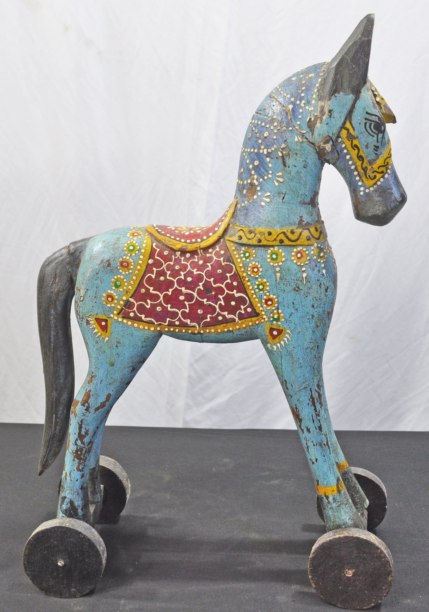 Vintage Wooden Large Horse on Wheels Figurine Original Old Fine Hand Carved Rustic Painted