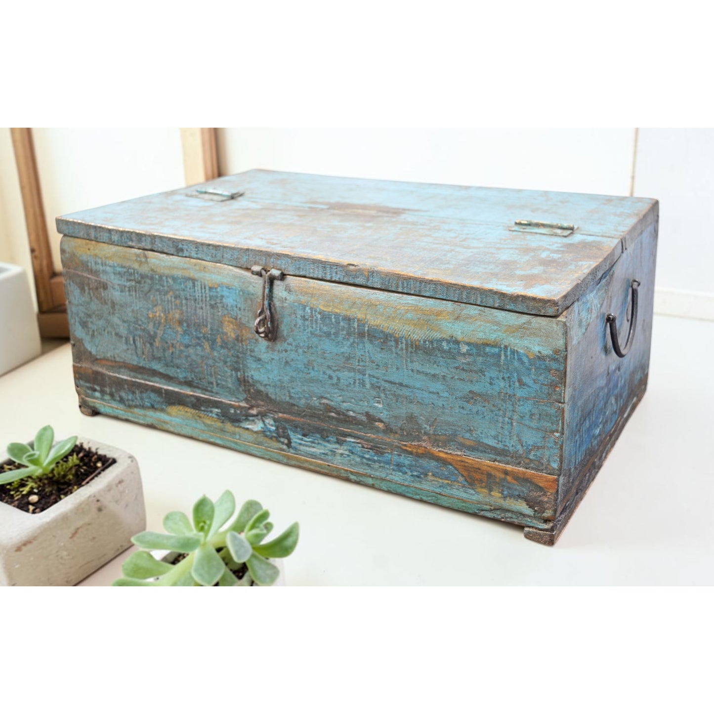 Antique Wooden Large Size Storage Chest Box Original Old Hand Crafted Rustic Blue Painted