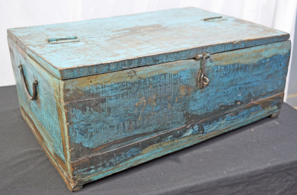 Antique Wooden Large Size Storage Chest Box Original Old Hand Crafted Rustic Blue Painted