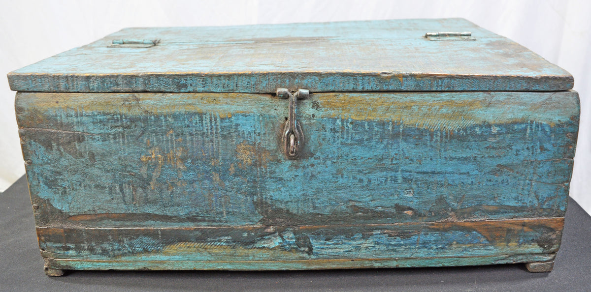 Antique Wooden Large Size Storage Chest Box Original Old Hand Crafted Rustic Blue Painted