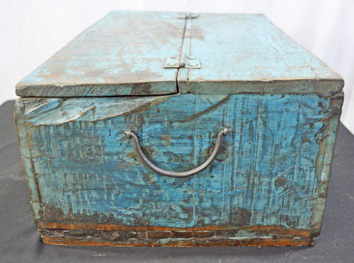 Antique Wooden Large Size Storage Chest Box Original Old Hand Crafted Rustic Blue Painted
