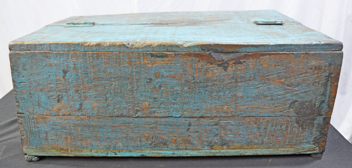 Antique Wooden Large Size Storage Chest Box Original Old Hand Crafted Rustic Blue Painted