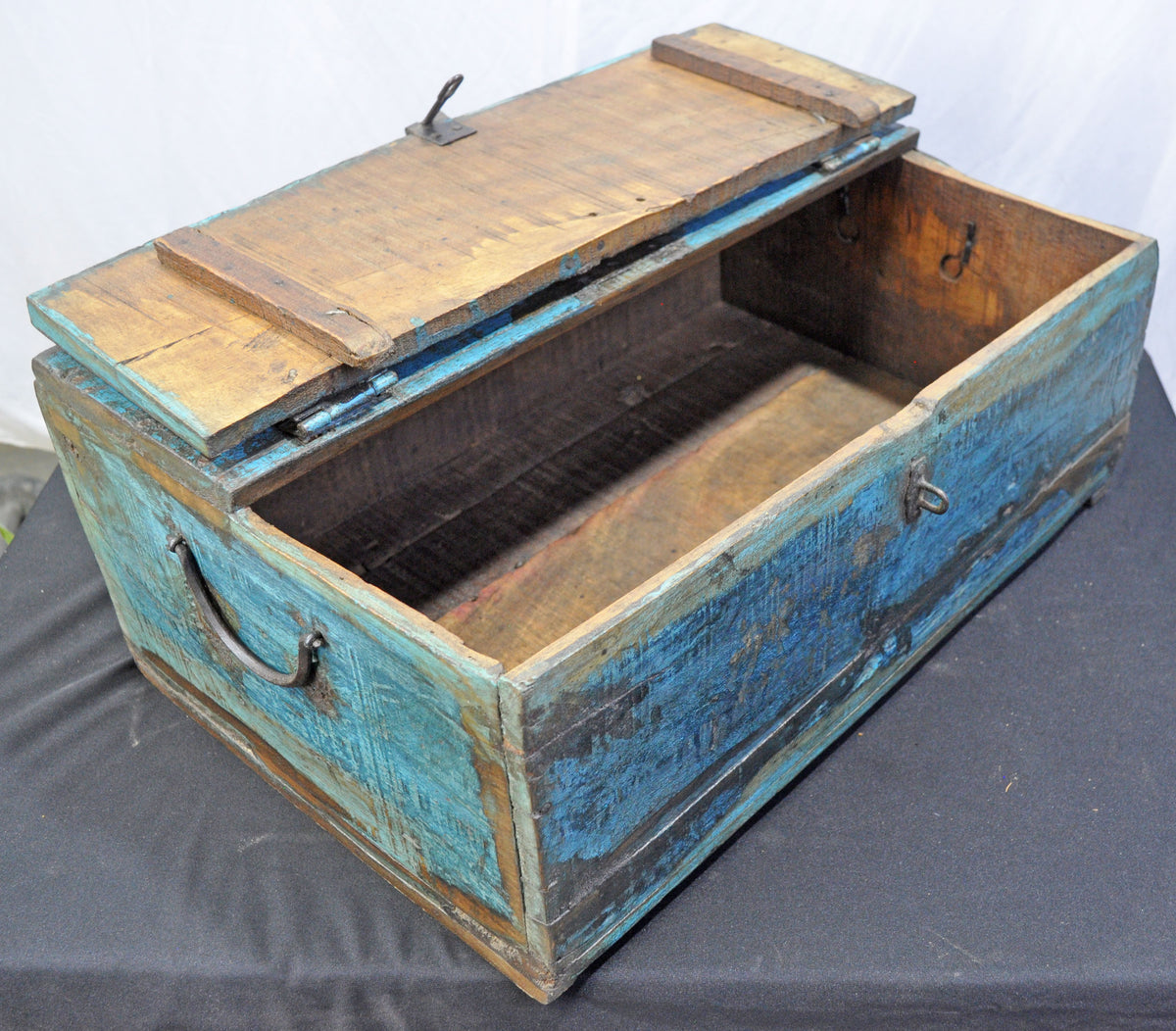 Antique Wooden Large Size Storage Chest Box Original Old Hand Crafted Rustic Blue Painted
