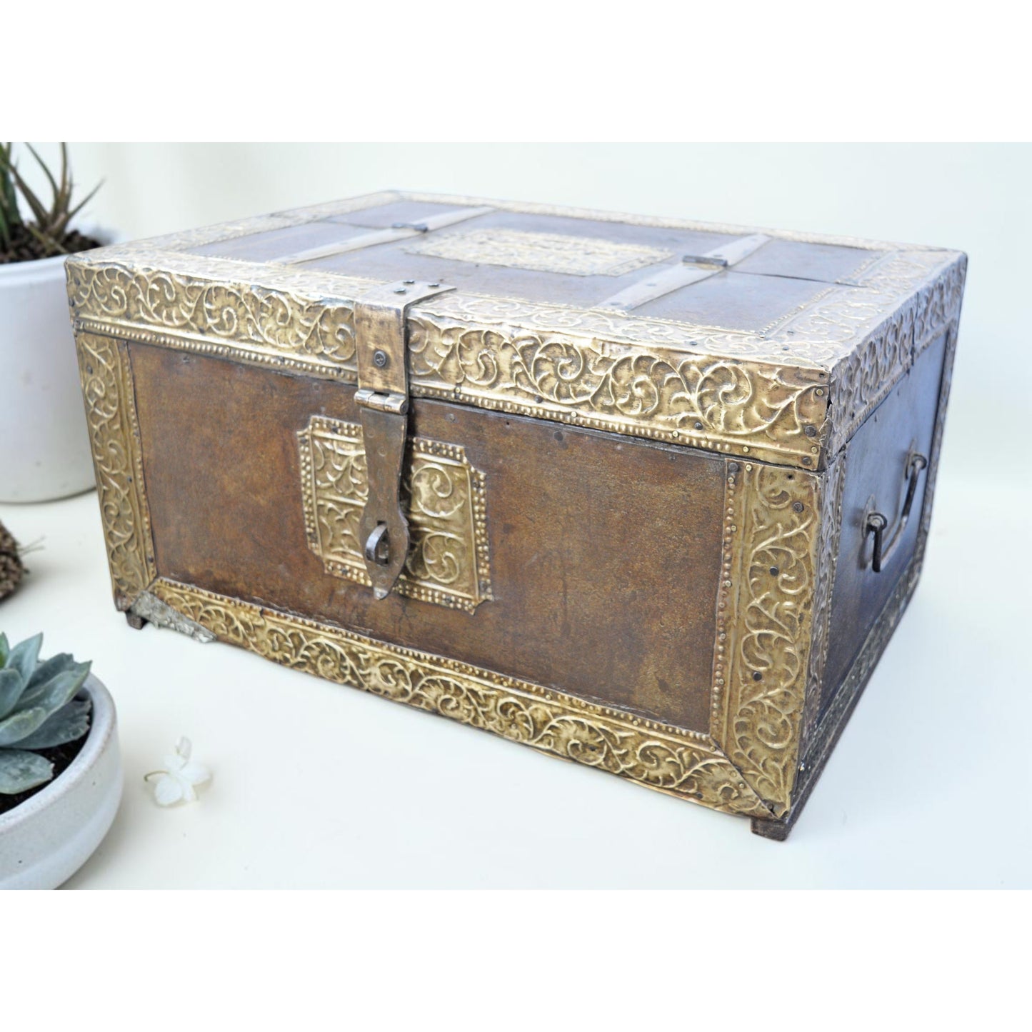 Antique Wooden Large Size Storage Chest Box Original Old Fine Hand Crafted Brass Fitted