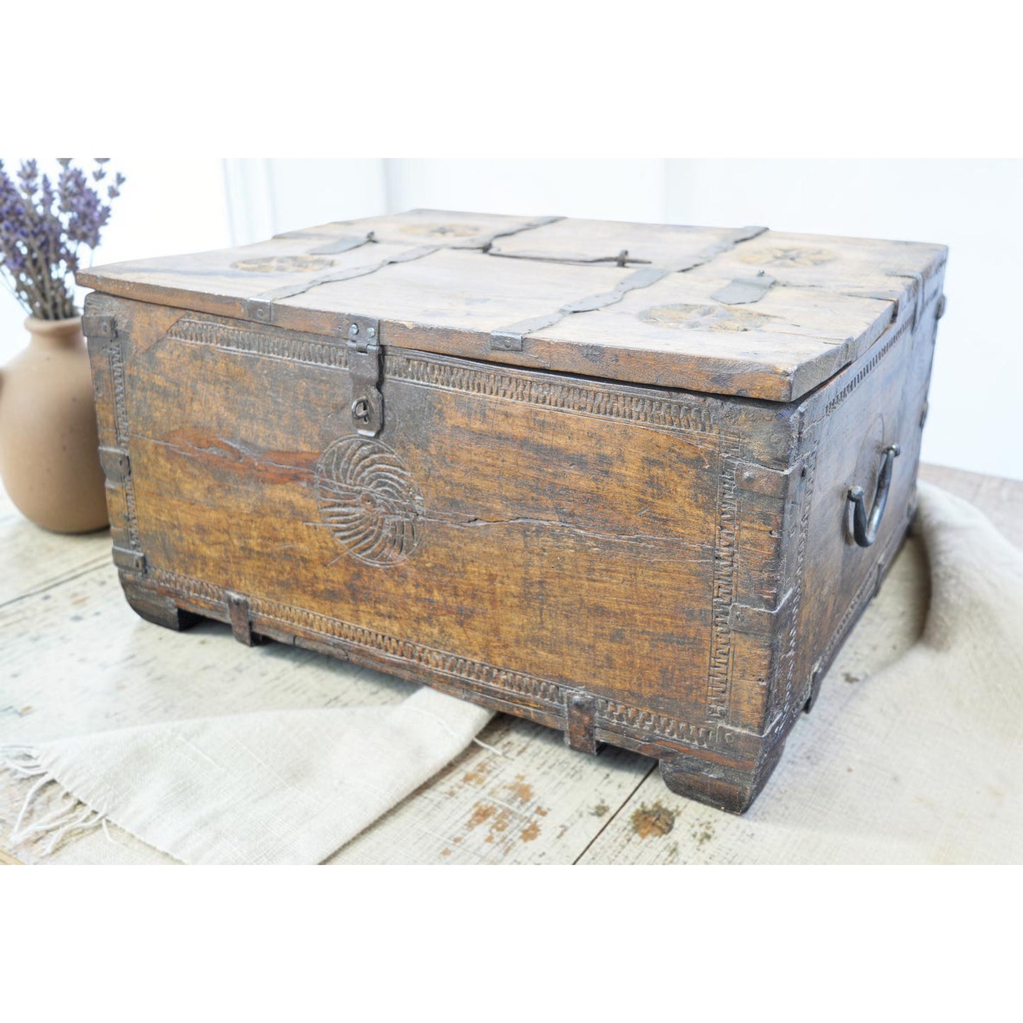 Antique Wooden Large Size Storage Chest Box Original Old Hand Crafted Fine Carved