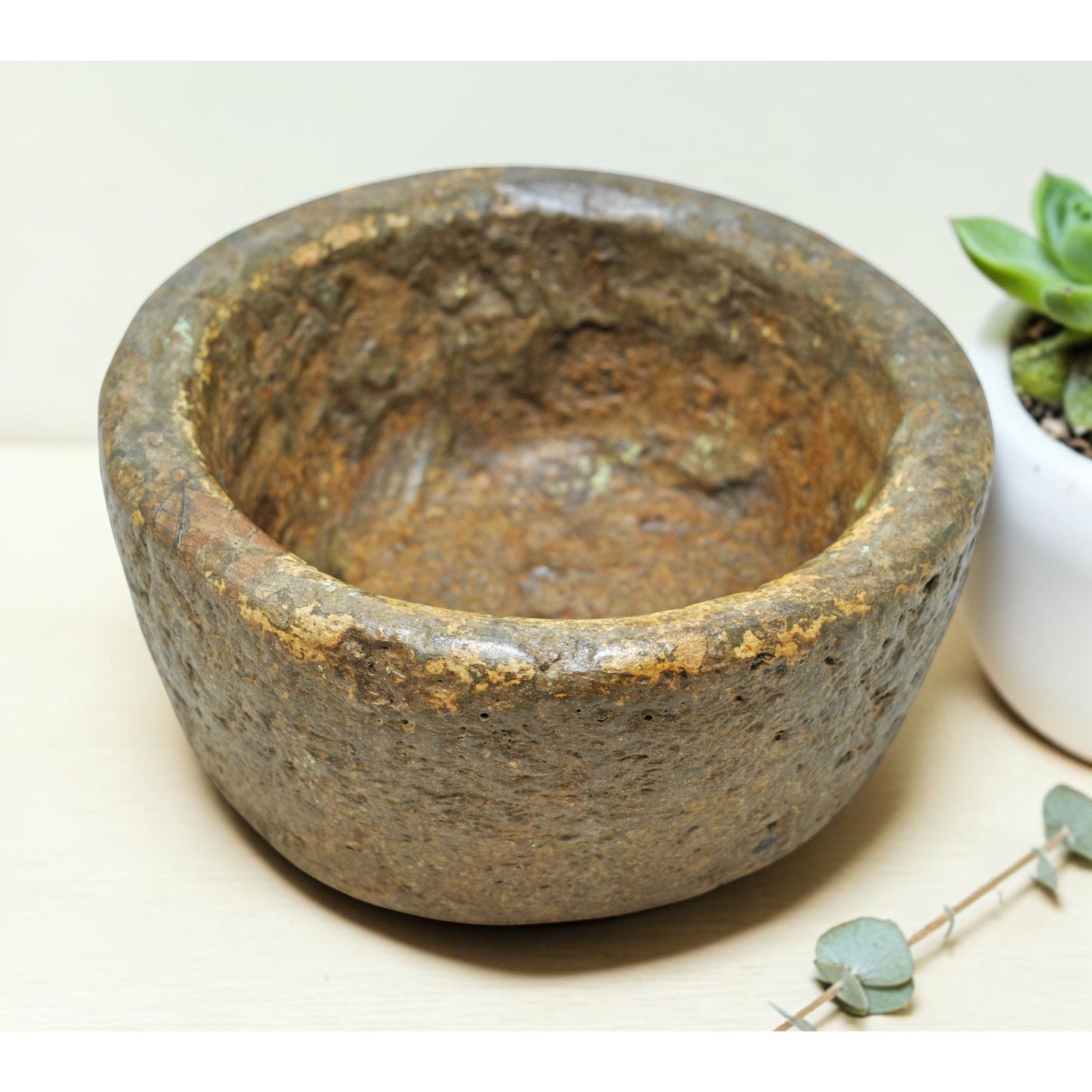 Antique Sand Stone Round Kitchenware Curry Bowl Original Old Fine Hand Carved