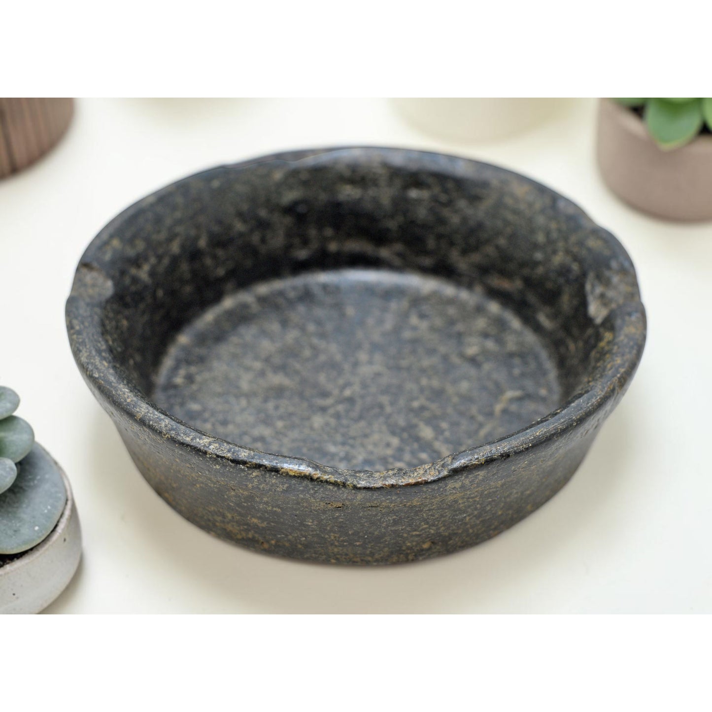 Antique Black Stone Round Kitchenware Curry Bowl Original Old Fine Hand Carved