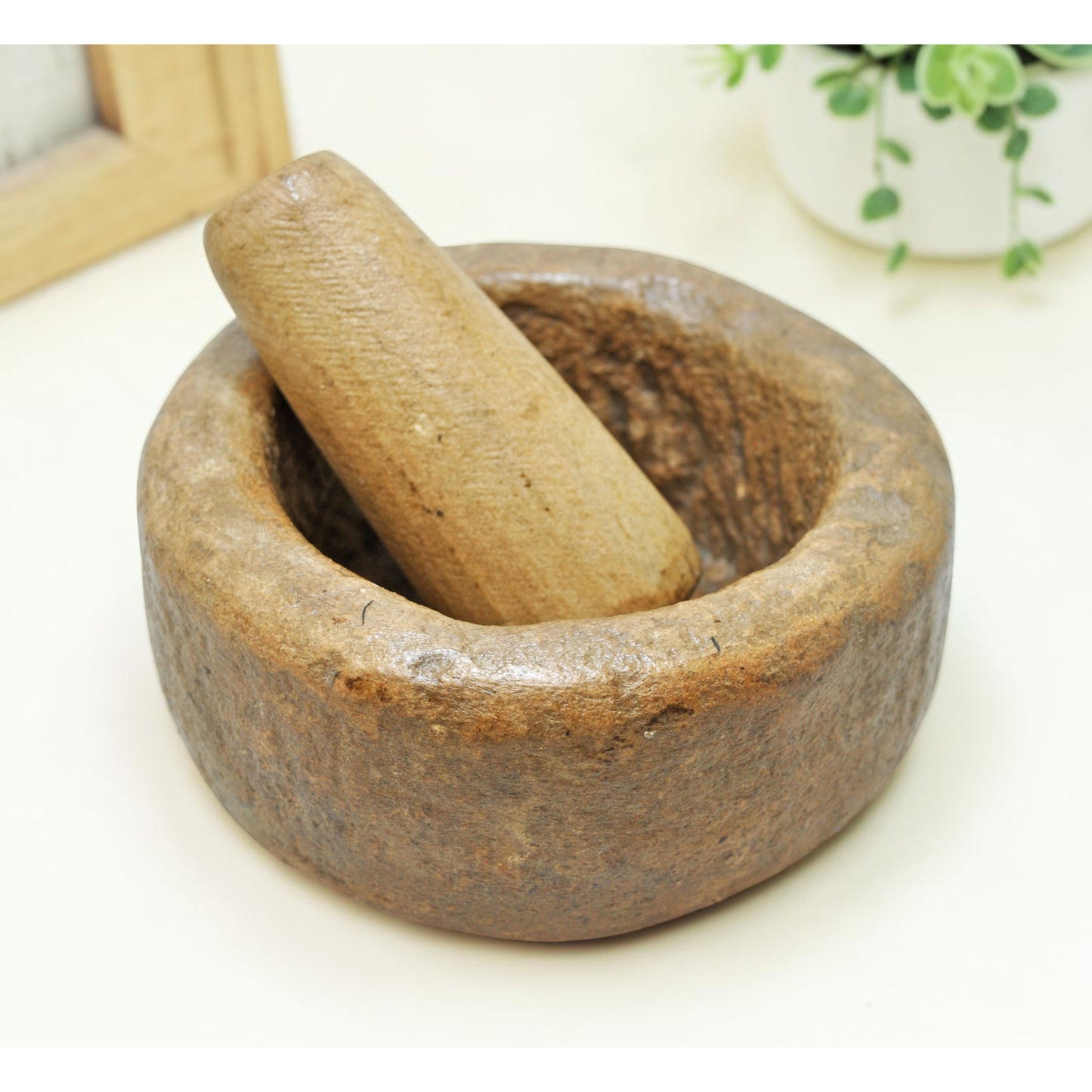 Antique Sand Stone Kitchenware Mortar & Pestle Spice Grinder Original Old Hand Carved
