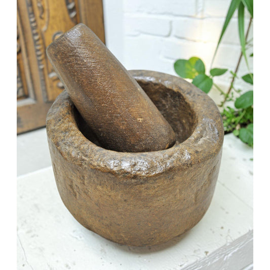Antique Sand Stone Kitchenware Mortar & Pestle Spice Grinder Original Old Hand Carved