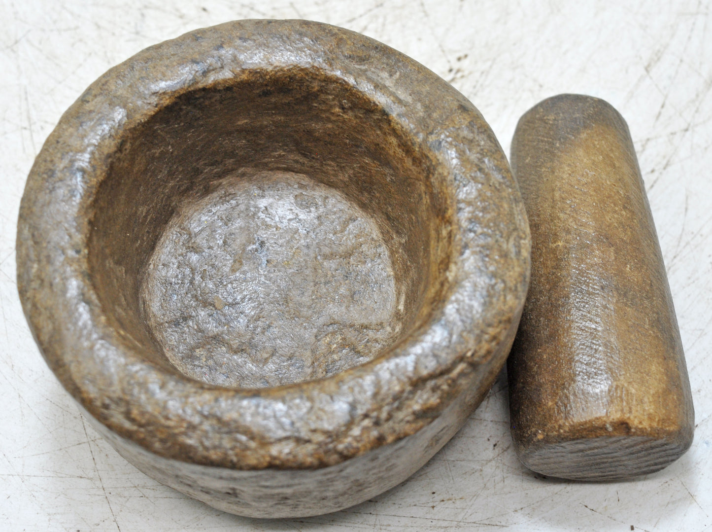 Antique Sand Stone Kitchenware Mortar & Pestle Spice Grinder Original Old Hand Carved