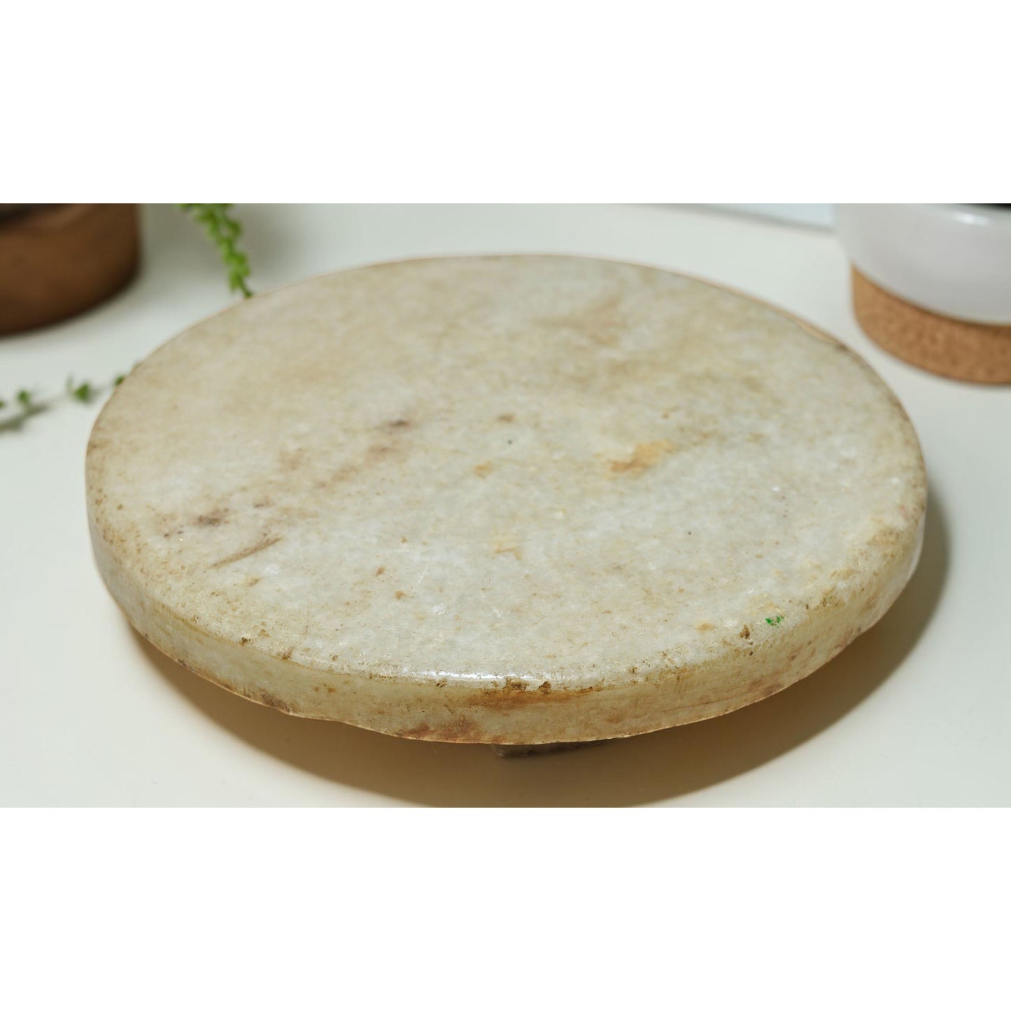 Antique White Marble Round Chapati Bread Rolling Plate Original Old Fine Hand Carved