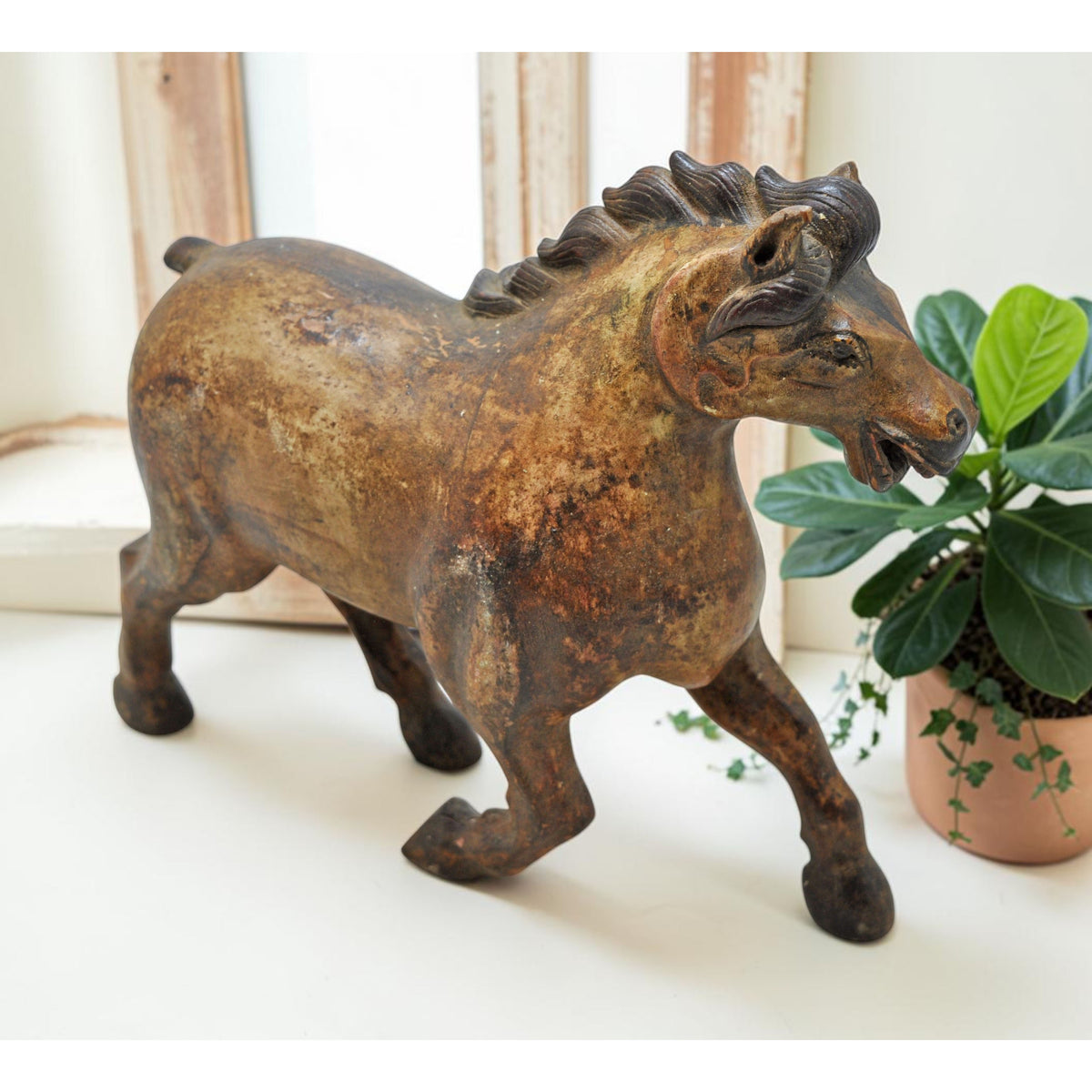 Vintage Wooden Running Horse Figurine Original Old Fine Hand Carved