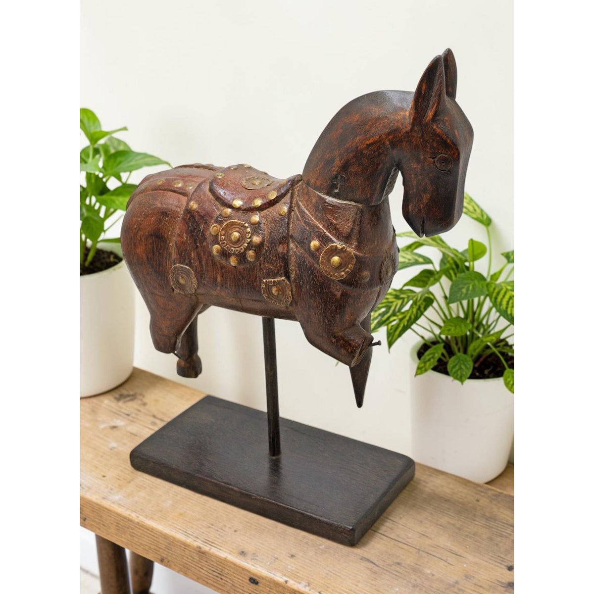 Vintage Wooden Horse Figurine on Stand Original Old Hand Carved Brass Fitted